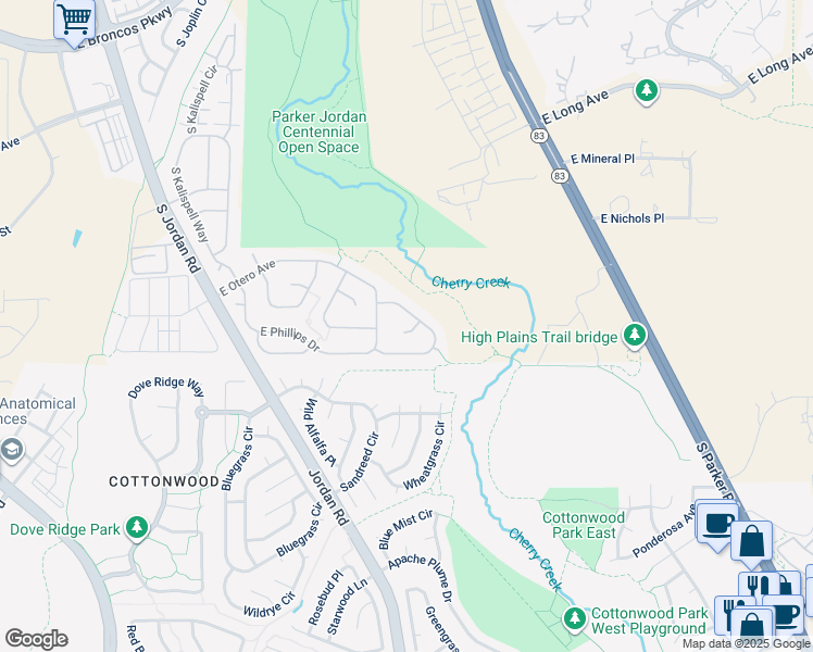 map of restaurants, bars, coffee shops, grocery stores, and more near 16675 East Phillips Place in Englewood
