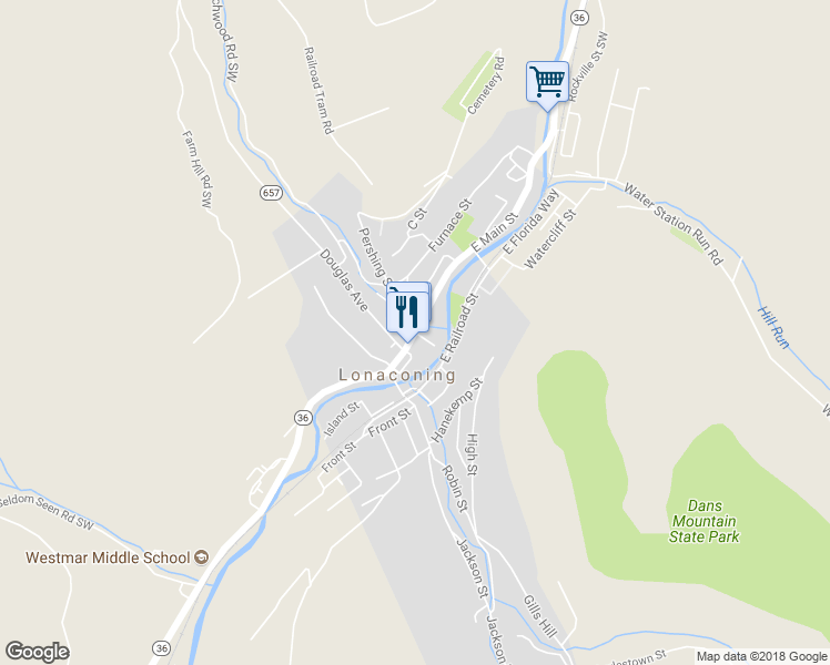 map of restaurants, bars, coffee shops, grocery stores, and more near 15 Main Street in Lonaconing