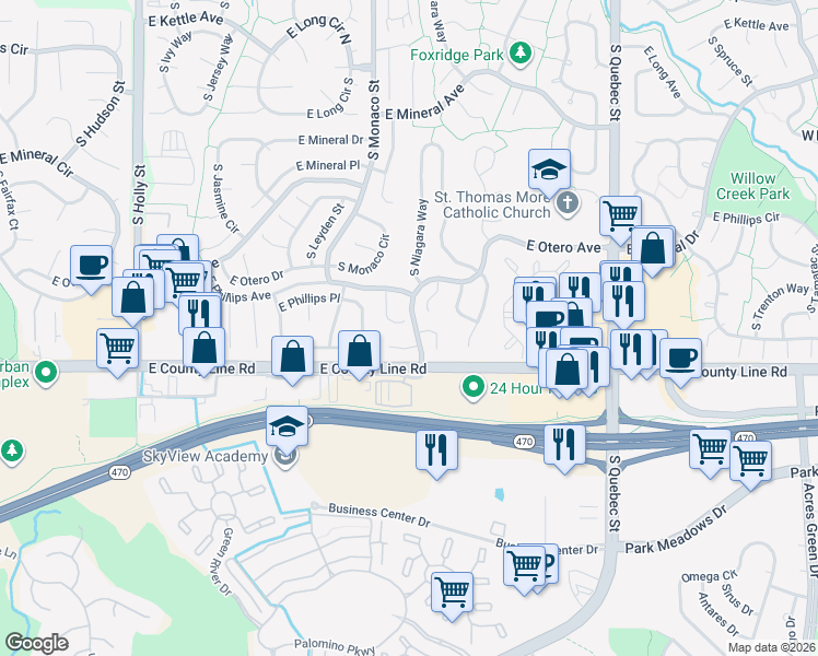 map of restaurants, bars, coffee shops, grocery stores, and more near 6569 East Phillips Place in Centennial