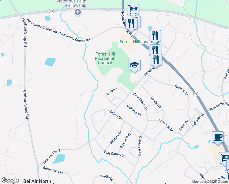 map of restaurants, bars, coffee shops, grocery stores, and more near 2035 Brandy Drive in Forest Hill