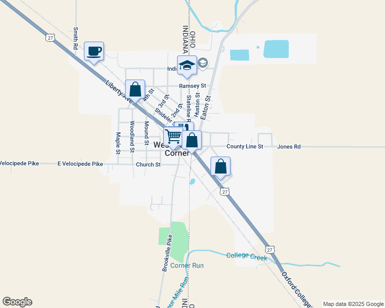 map of restaurants, bars, coffee shops, grocery stores, and more near 33 Main Street in College Corner