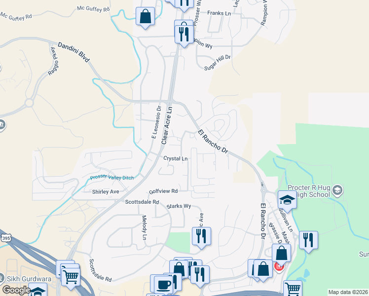 map of restaurants, bars, coffee shops, grocery stores, and more near 3952 Clear Acre Lane in Reno