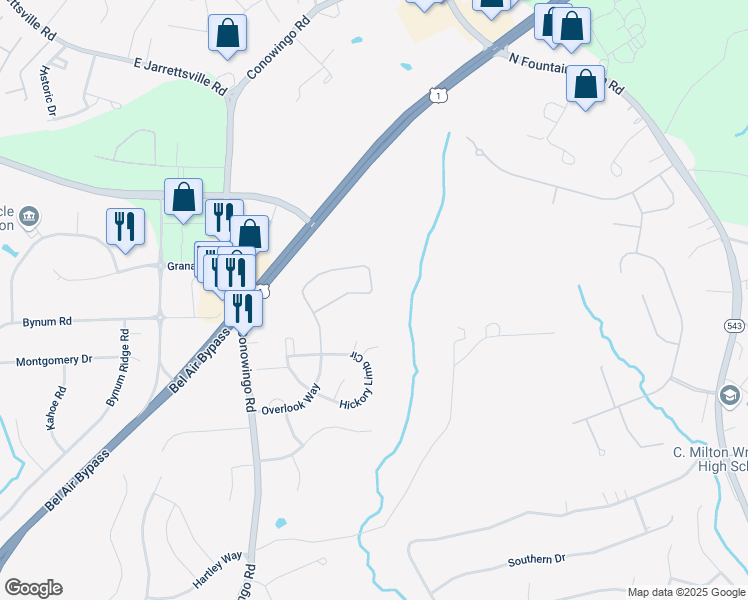 map of restaurants, bars, coffee shops, grocery stores, and more near 1429 Overlook Way in Bel Air