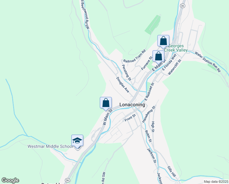 map of restaurants, bars, coffee shops, grocery stores, and more near 33 Church Street in Lonaconing