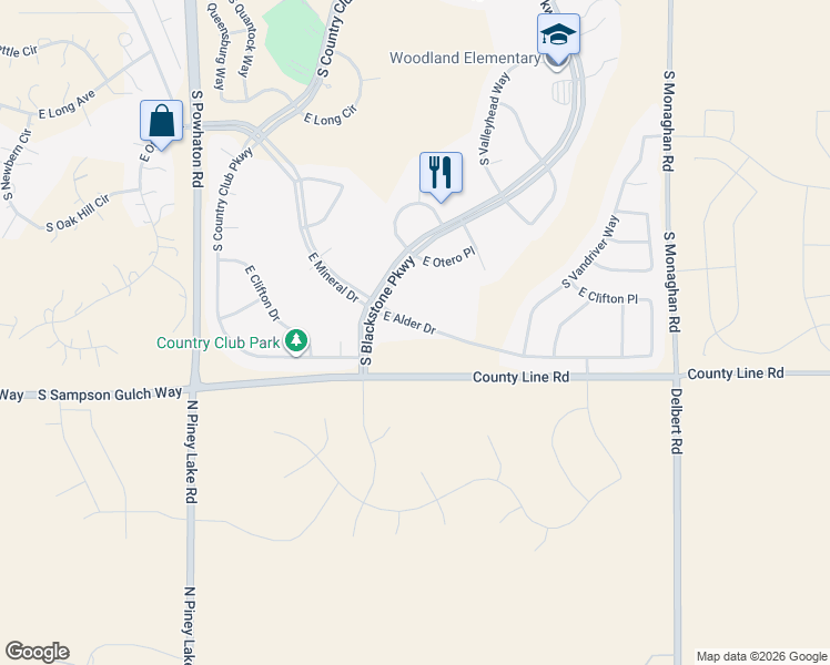 map of restaurants, bars, coffee shops, grocery stores, and more near 27216 East Alder Drive in Aurora