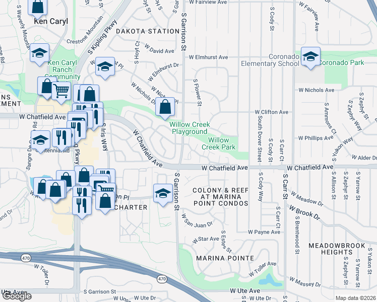 map of restaurants, bars, coffee shops, grocery stores, and more near 9158 West Phillips Drive in Littleton