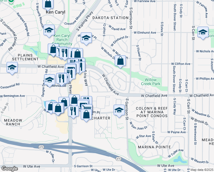 map of restaurants, bars, coffee shops, grocery stores, and more near 9664 West Chatfield Avenue in Littleton