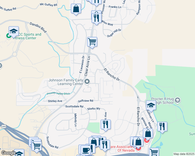 map of restaurants, bars, coffee shops, grocery stores, and more near 3949 Clear Acre Lane in Reno