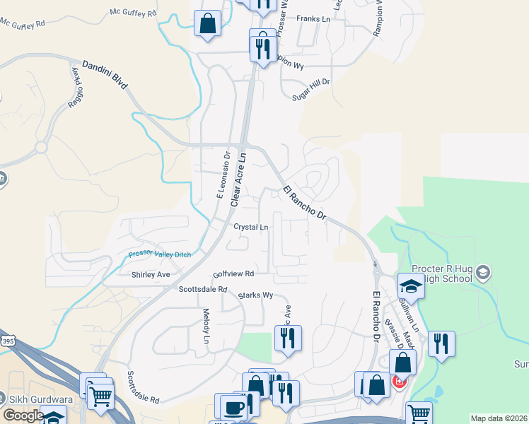 map of restaurants, bars, coffee shops, grocery stores, and more near 3949 Clear Acre Lane in Reno
