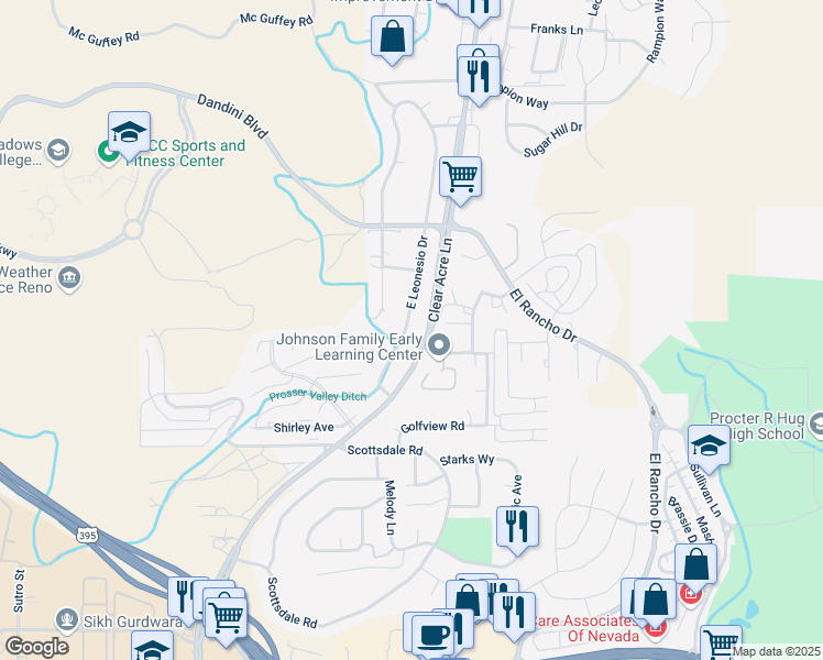 map of restaurants, bars, coffee shops, grocery stores, and more near 3895 East Leonesio Drive in Reno