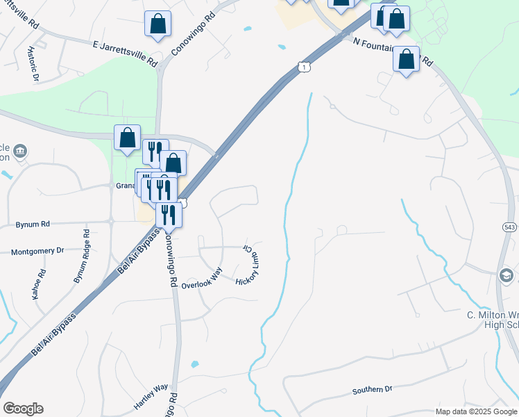 map of restaurants, bars, coffee shops, grocery stores, and more near 1429 Overlook Way in Bel Air