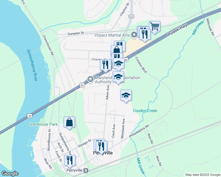 map of restaurants, bars, coffee shops, grocery stores, and more near 752 Aiken Avenue in Perryville