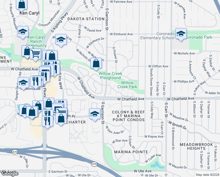 map of restaurants, bars, coffee shops, grocery stores, and more near 9158 West Phillips Drive in Littleton