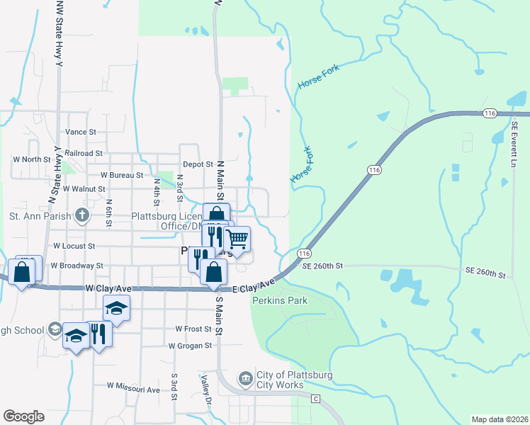 map of restaurants, bars, coffee shops, grocery stores, and more near 402 North Bluff Street in Plattsburg