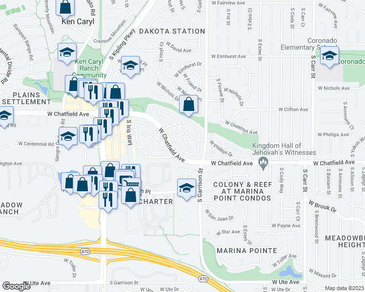 map of restaurants, bars, coffee shops, grocery stores, and more near 9645 West Chatfield Avenue in Littleton