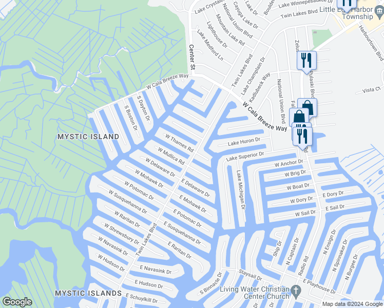 map of restaurants, bars, coffee shops, grocery stores, and more near 1 West Thames Road in Ocean County