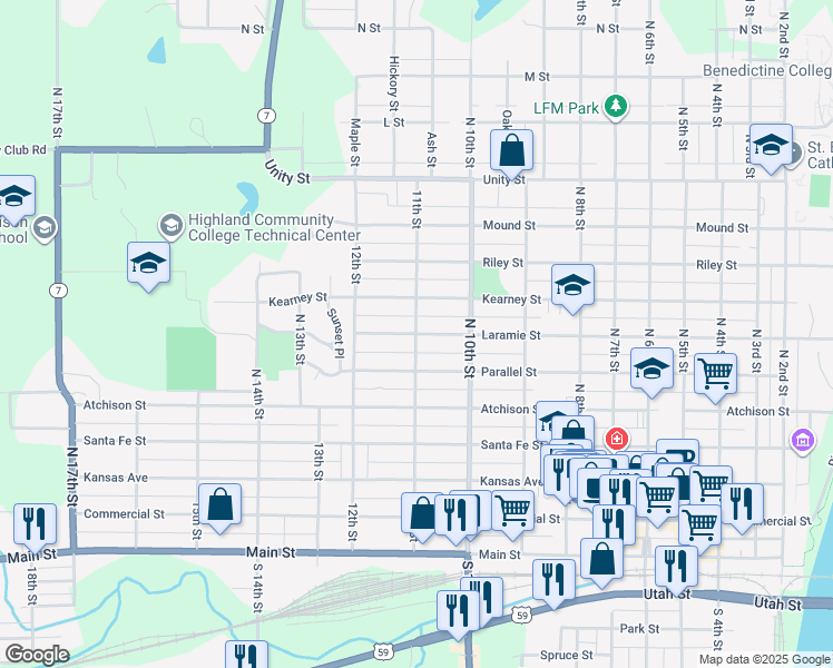 map of restaurants, bars, coffee shops, grocery stores, and more near 1098 Laramie St in Atchison