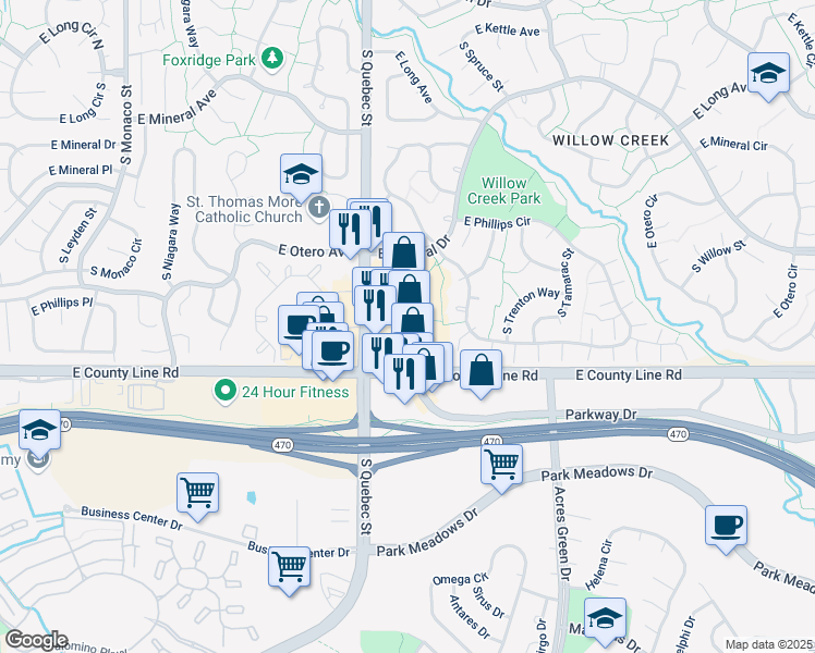 map of restaurants, bars, coffee shops, grocery stores, and more near 8200 South Quebec Street in Centennial