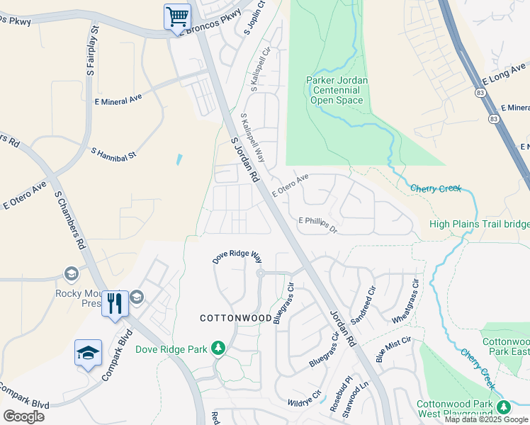 map of restaurants, bars, coffee shops, grocery stores, and more near 15971 East Otero Avenue in Englewood