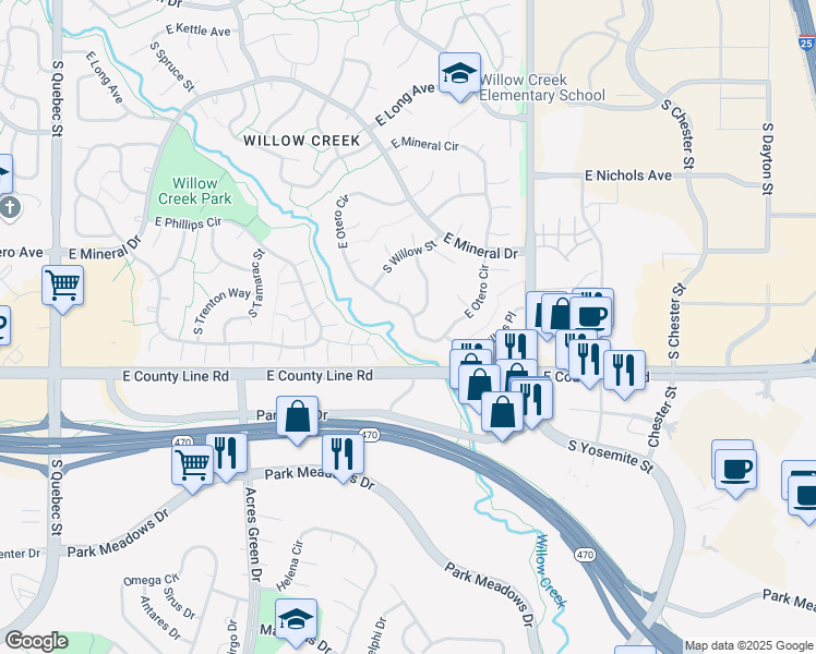 map of restaurants, bars, coffee shops, grocery stores, and more near 8608 East Otero Circle in Centennial