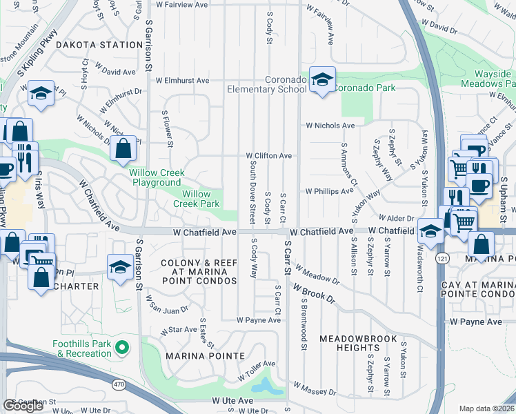 map of restaurants, bars, coffee shops, grocery stores, and more near 8267 South Dover Street in Littleton