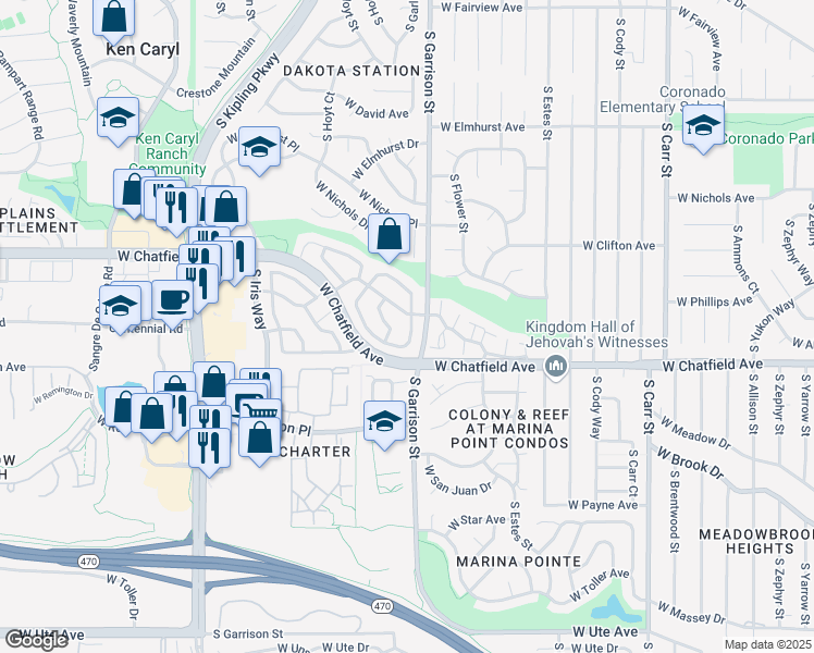 map of restaurants, bars, coffee shops, grocery stores, and more near 9631 West Chatfield Avenue in Littleton