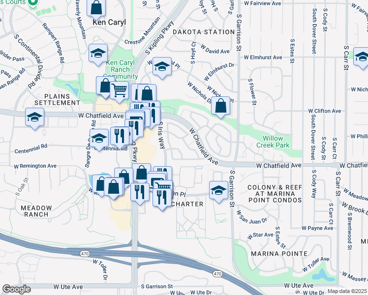 map of restaurants, bars, coffee shops, grocery stores, and more near 9664 West Chatfield Avenue in Littleton