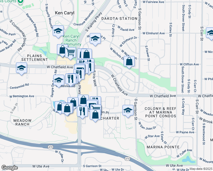 map of restaurants, bars, coffee shops, grocery stores, and more near 9620 West Chatfield Avenue in Littleton