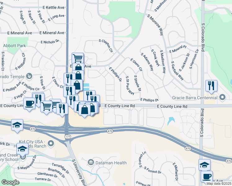 map of restaurants, bars, coffee shops, grocery stores, and more near 8250 South Fillmore Way in Centennial
