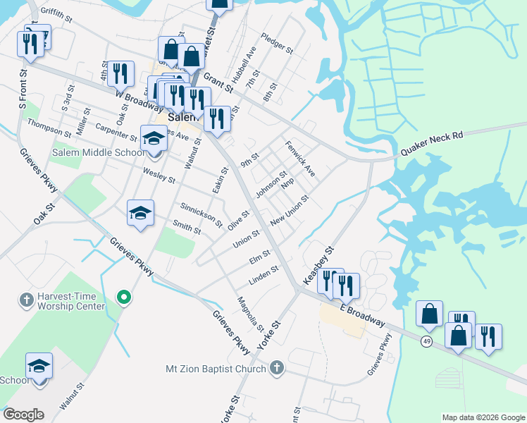 map of restaurants, bars, coffee shops, grocery stores, and more near 330 East Broadway in Salem