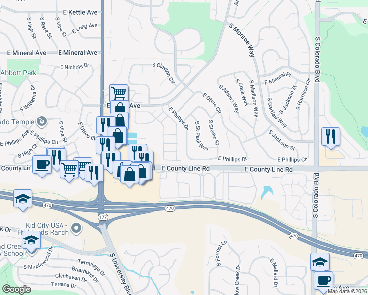 map of restaurants, bars, coffee shops, grocery stores, and more near 8250 South Fillmore Way in Centennial