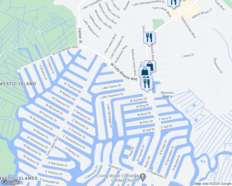 map of restaurants, bars, coffee shops, grocery stores, and more near 38 Lake Superior Drive in Little Egg Harbor Township