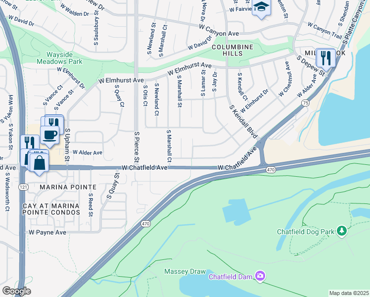 map of restaurants, bars, coffee shops, grocery stores, and more near 8239 South Marshall Street in Littleton