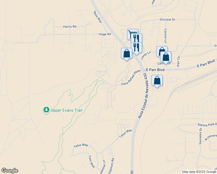 map of restaurants, bars, coffee shops, grocery stores, and more near 4279 Amber Marie Lane in Reno