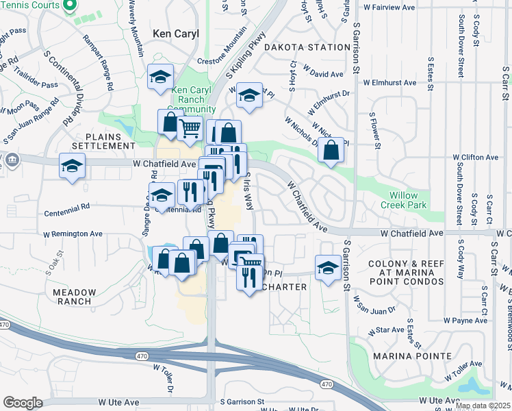 map of restaurants, bars, coffee shops, grocery stores, and more near 9640 West Chatfield Avenue in Littleton
