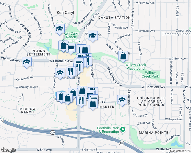 map of restaurants, bars, coffee shops, grocery stores, and more near 9620 West Chatfield Avenue in Littleton