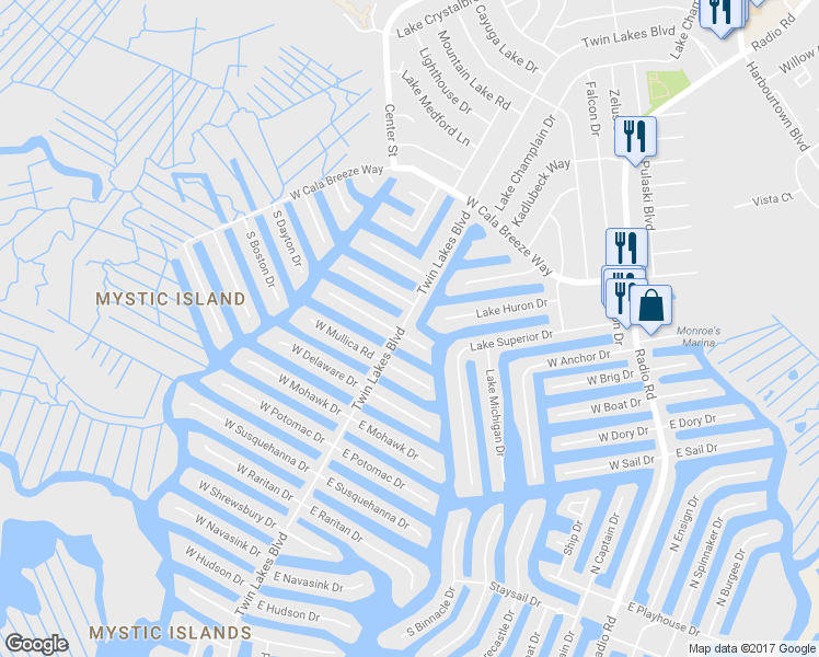 map of restaurants, bars, coffee shops, grocery stores, and more near 101 East Thames Road in Little Egg Harbor Township
