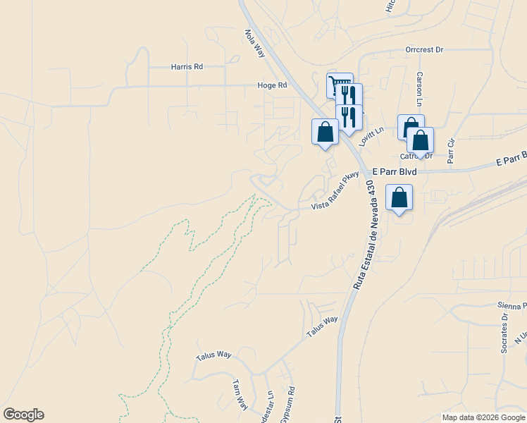 map of restaurants, bars, coffee shops, grocery stores, and more near 565 Madeline Jane Lane in Reno