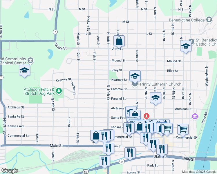 map of restaurants, bars, coffee shops, grocery stores, and more near 620 North 10th Street in Atchison
