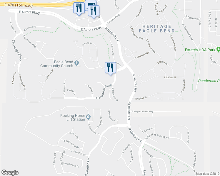 map of restaurants, bars, coffee shops, grocery stores, and more near 8215 South Winnipeg Court in Aurora