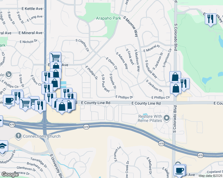 map of restaurants, bars, coffee shops, grocery stores, and more near 3139 East Phillips Drive in Centennial