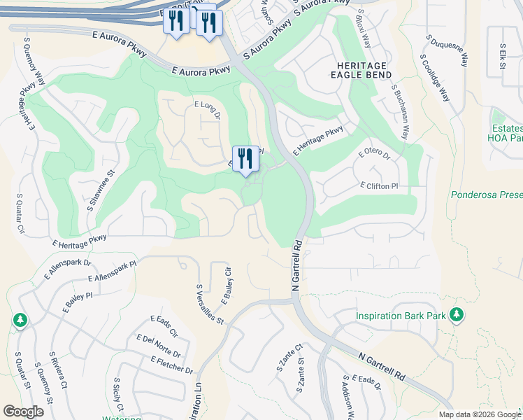 map of restaurants, bars, coffee shops, grocery stores, and more near 8215 South Winnipeg Court in Aurora