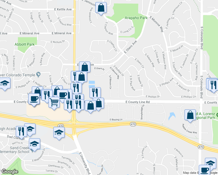 map of restaurants, bars, coffee shops, grocery stores, and more near 8264 South Fillmore Circle in Centennial