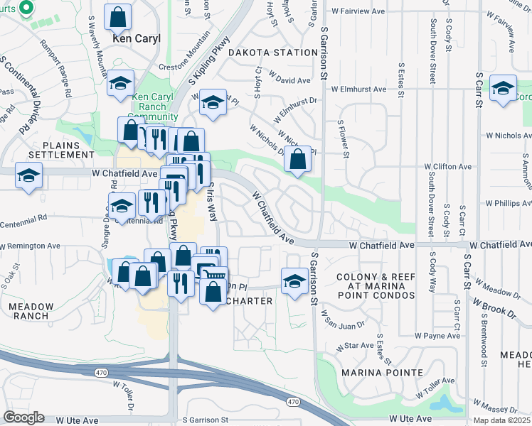 map of restaurants, bars, coffee shops, grocery stores, and more near 9664 West Chatfield Avenue in Littleton