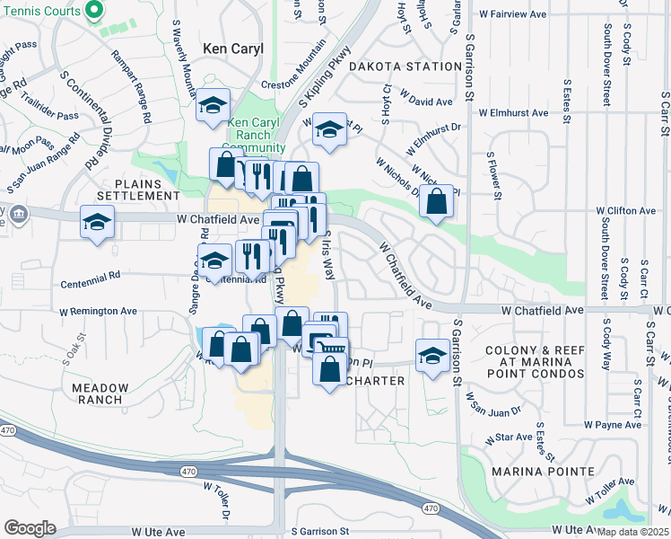 map of restaurants, bars, coffee shops, grocery stores, and more near 8214 South Kipling Parkway in Littleton