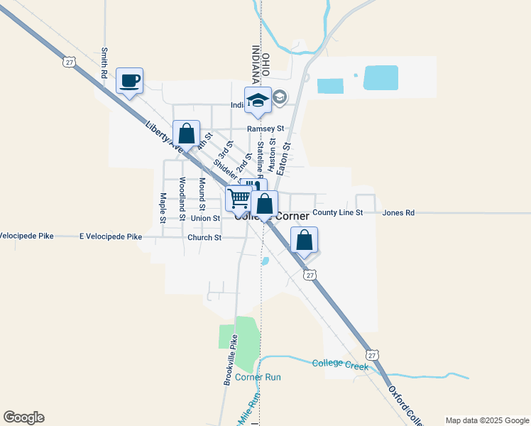 map of restaurants, bars, coffee shops, grocery stores, and more near in College Corner