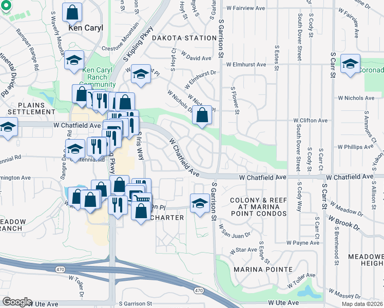 map of restaurants, bars, coffee shops, grocery stores, and more near 9613 West Chatfield Avenue in Littleton