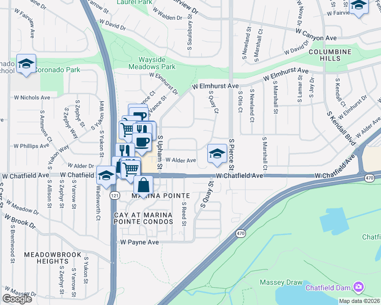 map of restaurants, bars, coffee shops, grocery stores, and more near 8258 South Reed Way in Littleton