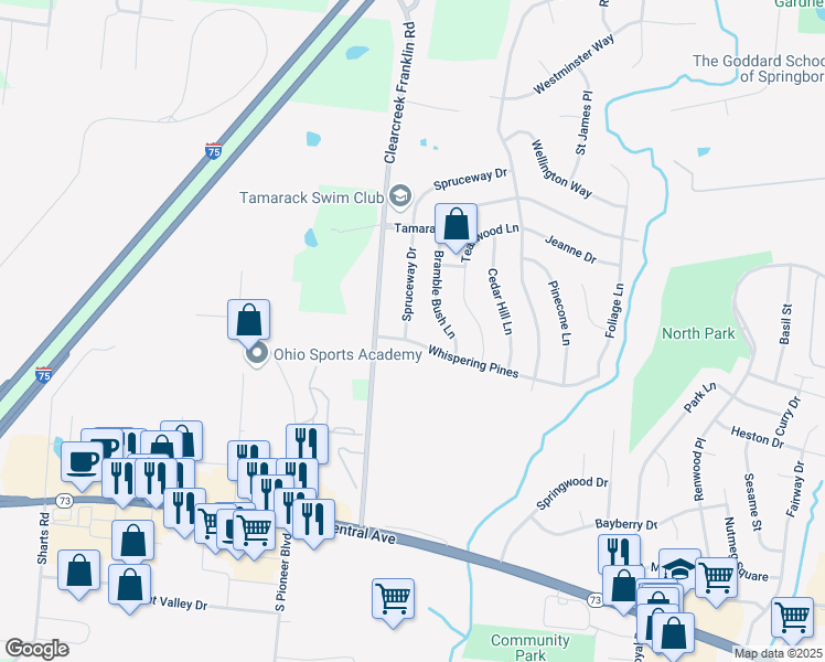map of restaurants, bars, coffee shops, grocery stores, and more near 10 Timberwood Lane in Springboro