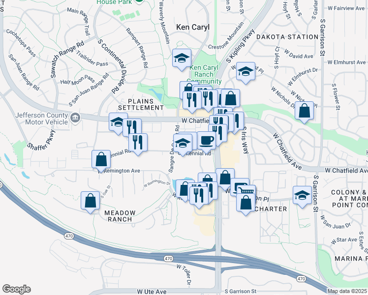 map of restaurants, bars, coffee shops, grocery stores, and more near 10289 West Centennial Road in Littleton
